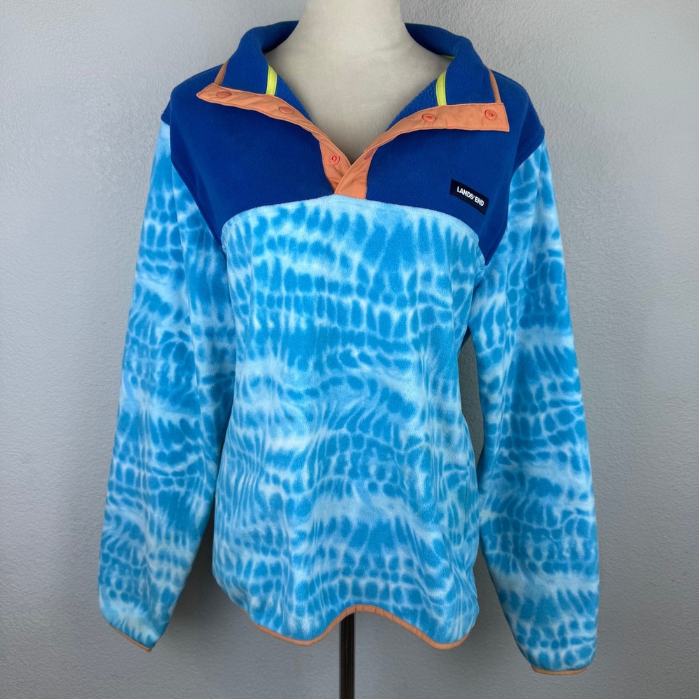 Lands'‎ End Men's Patterned Fleece Pullover Tie Dye Snap Button Collar Neck